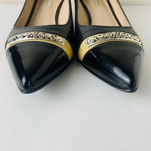 Brighton Black Leather Pointed Toe Pumps Kitten Heels Gold Trim Size 7.5 - Picture 11 of 15